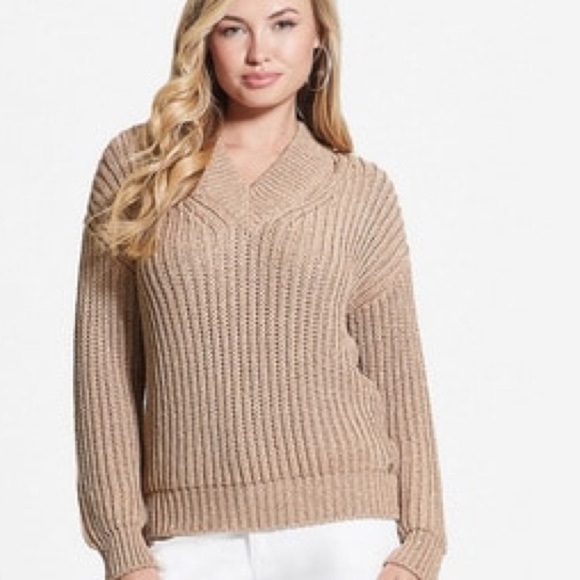 GUESS Dirty Lurex Metallic Cut-Out Neck Sweater Gold Shimmer Size Medium NWT - Picture 3 of 12